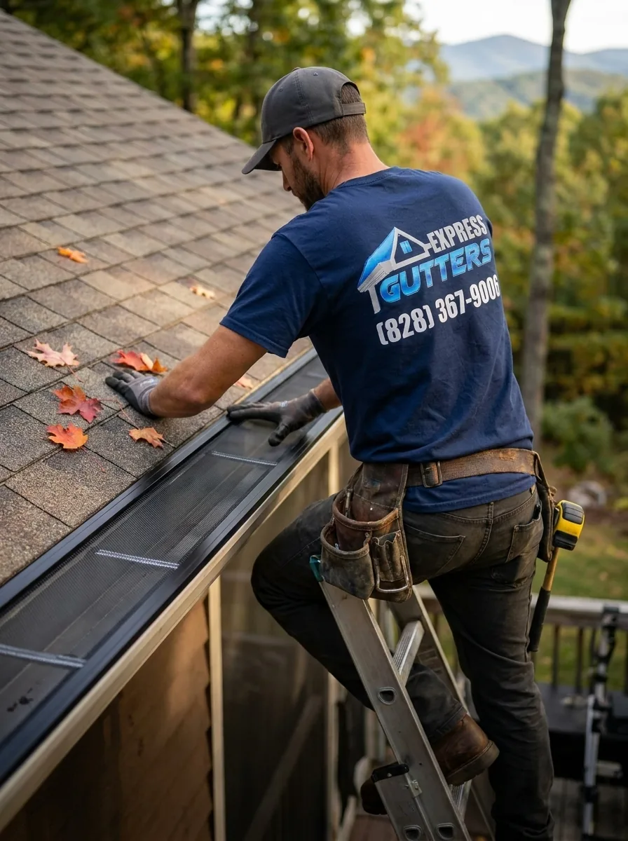 Express Gutters installer in a branded company shirt fitting a stainless steel micro-mesh gutter guard along a residential gutter line in Asheville, with autumn leaves on the asphalt shingles and the Blue Ridge mountains in the background