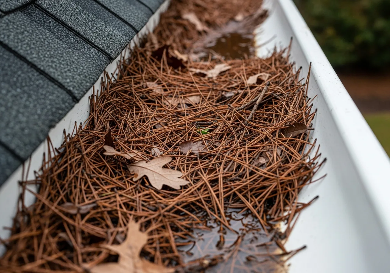 Residential gutter completely packed with dense brown wet pine needles on a Western North Carolina home, the failure mode that micro-mesh gutter guards are designed to prevent