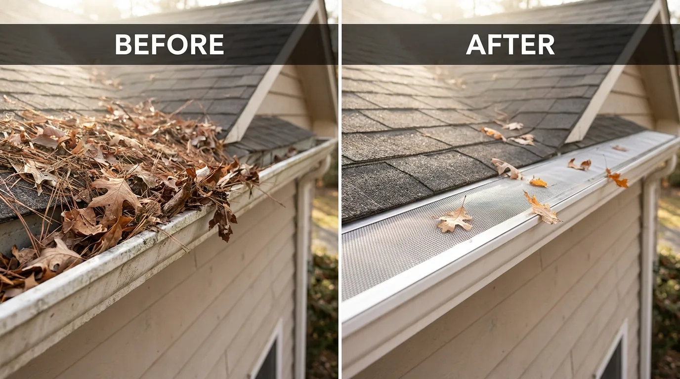 Before and after of a residential gutter on an Asheville home — packed with leaves and debris on the left, clean and protected by stainless steel micro-mesh gutter guards on the right