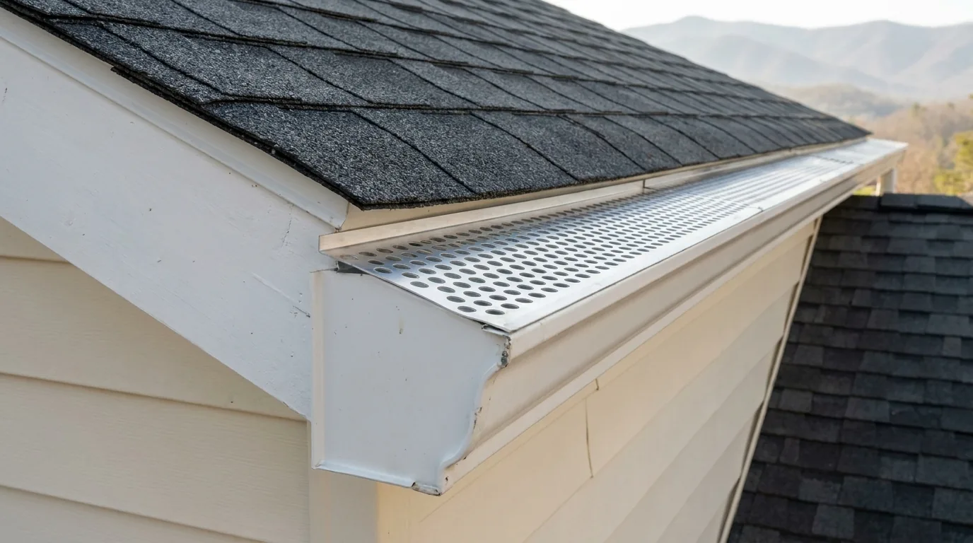Perforated aluminum screen gutter guard installed along the eave of an Asheville home, the larger-opening product Express Gutters installs to keep oak and maple leaves out while passing fine grit through