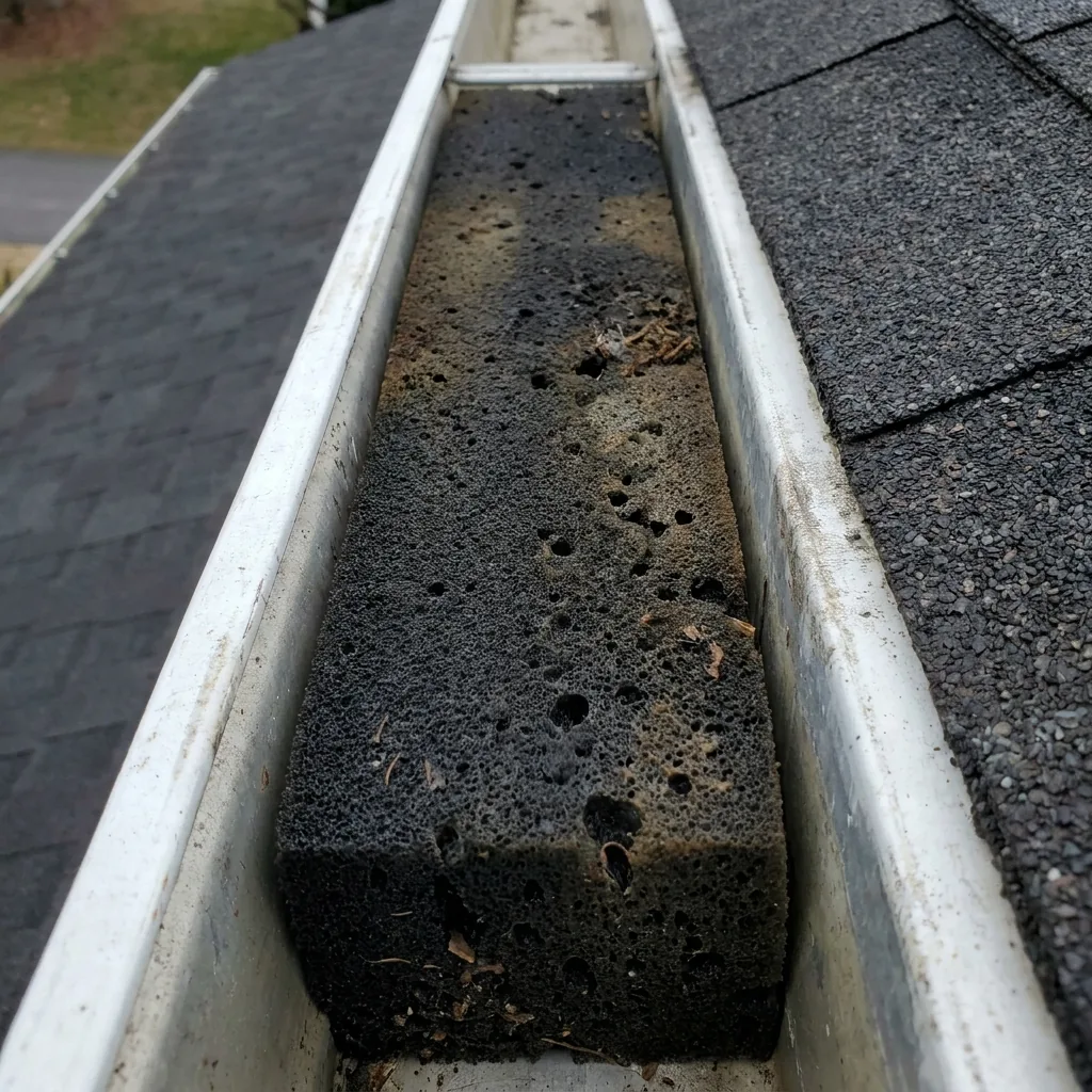 Weathered black polyurethane foam gutter insert sitting inside a residential gutter trough on an Asheville home, the failure mode foam inserts show after several WNC seasons