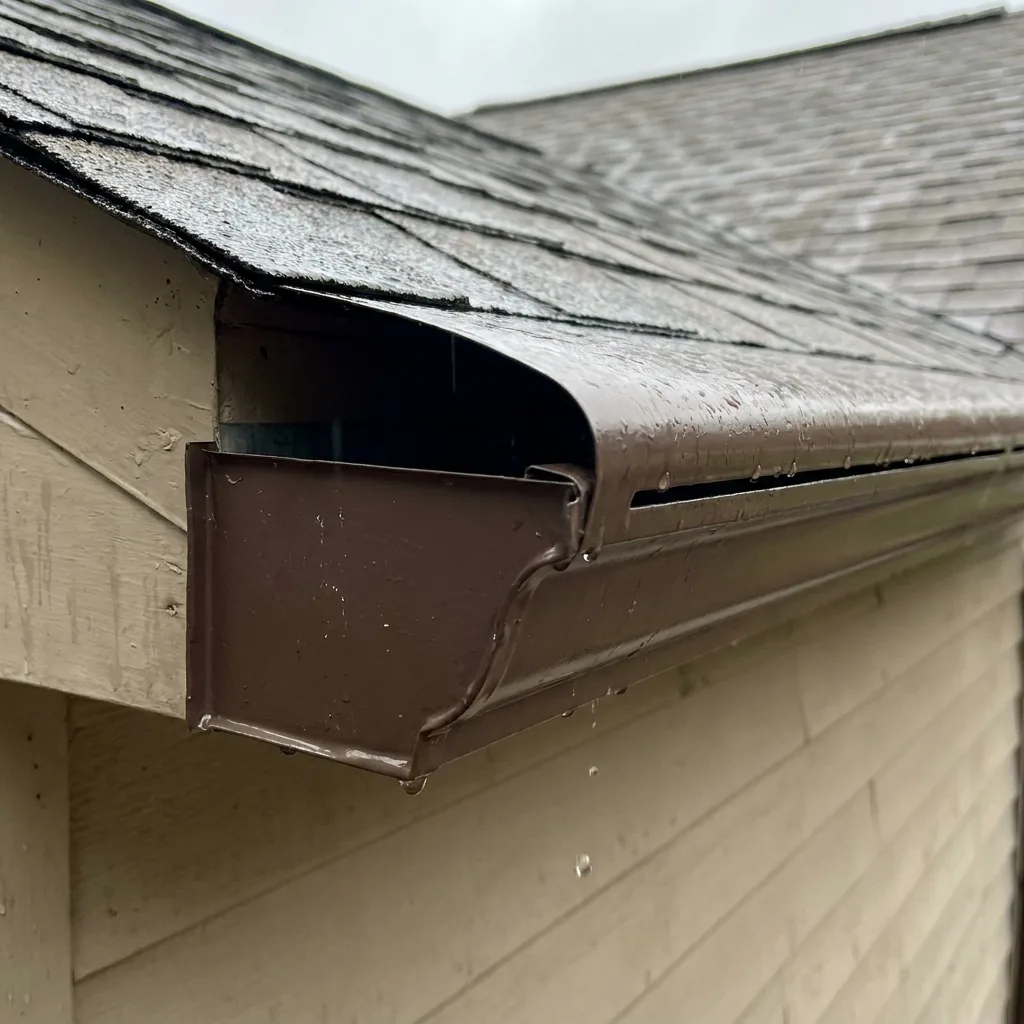 Gutter helmet reverse-curve cover failing in heavy WNC mountain rain, water visibly cascading off the curved front lip and overshooting the gutter entirely