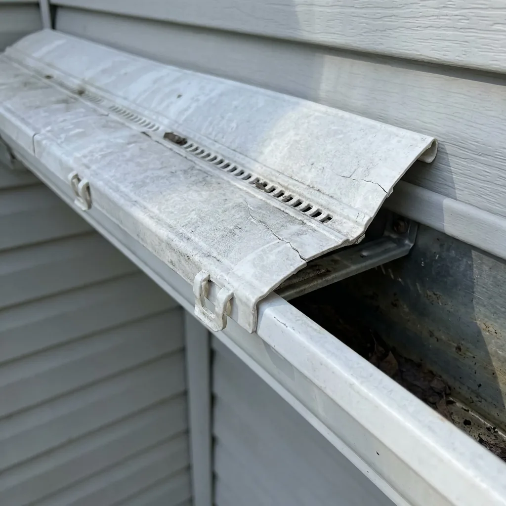 Vinyl plastic snap-in gutter cover that has popped off a residential gutter and is hanging by one tab, warped and brittle from sun exposure